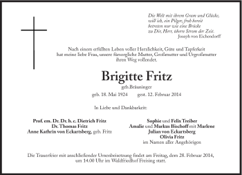Traueranzeige von Brigitte Fritz von Süddeutsche Zeitung