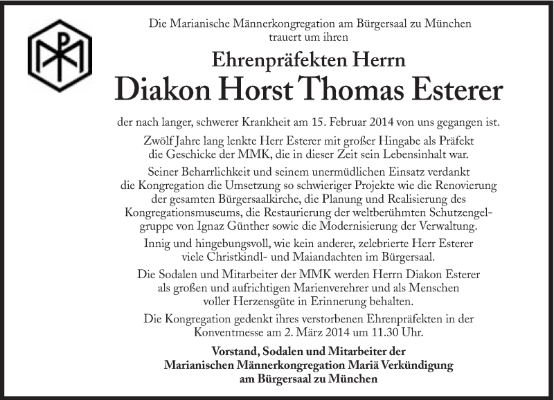  Traueranzeige für Horst Thomas Esterer vom 22.02.2014 aus Süddeutsche Zeitung
