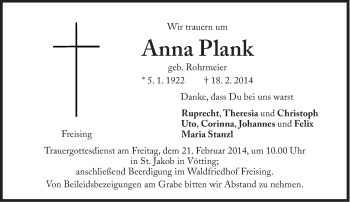Traueranzeige von Anna Plank von Süddeutsche Zeitung