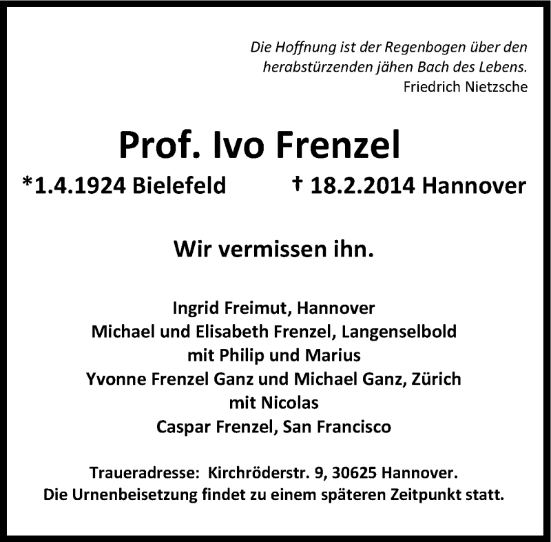  Traueranzeige für Ivo Frenzel vom 21.02.2014 aus Süddeutsche Zeitung
