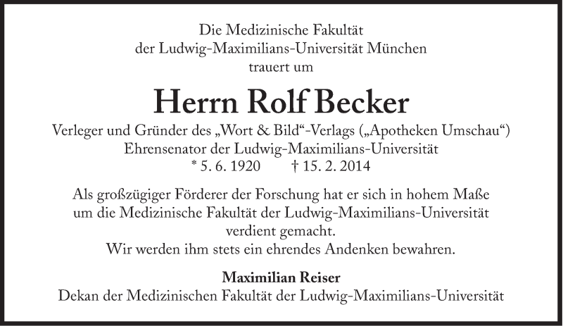  Traueranzeige für Rolf Becker vom 20.02.2014 aus Süddeutsche Zeitung
