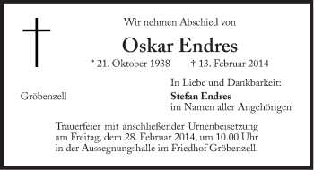 Traueranzeige von Oskar Endres von Süddeutsche Zeitung