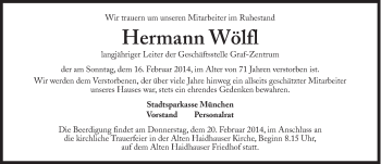 Traueranzeige von Hermann Wölfl von Süddeutsche Zeitung