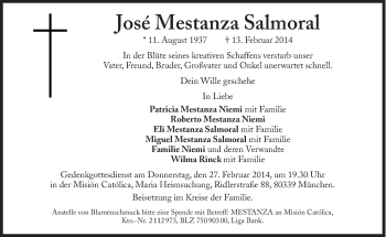 Traueranzeige von Jose Mestanza Salmoral von Süddeutsche Zeitung