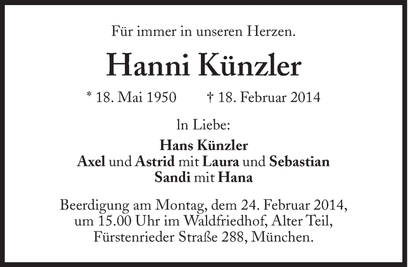  Traueranzeige für Hanni Künzler vom 22.02.2014 aus Süddeutsche Zeitung