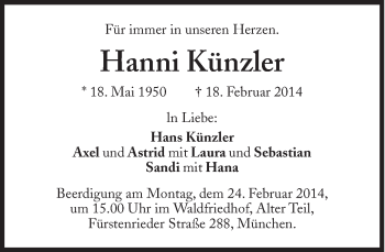 Traueranzeige von Hanni Künzler von Süddeutsche Zeitung