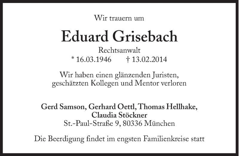  Traueranzeige für Eduard Grisebach vom 22.02.2014 aus Süddeutsche Zeitung