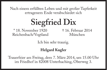 Traueranzeige von Siegfried Dix von Süddeutsche Zeitung