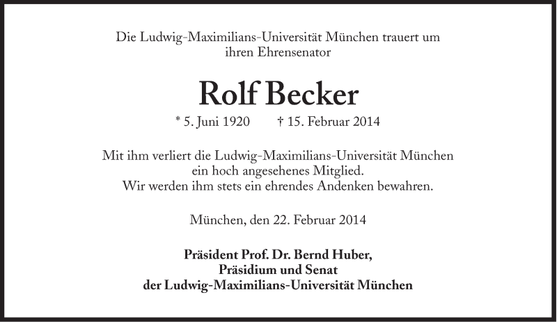  Traueranzeige für Rolf Becker vom 22.02.2014 aus Süddeutsche Zeitung