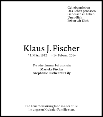 Traueranzeige von Klaus J. Fischer von Süddeutsche Zeitung