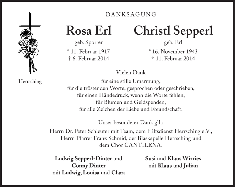  Traueranzeige für Rosa Erl vom 22.02.2014 aus Süddeutsche Zeitung