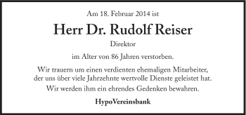 Traueranzeige von Rudolf Reiser von Süddeutsche Zeitung