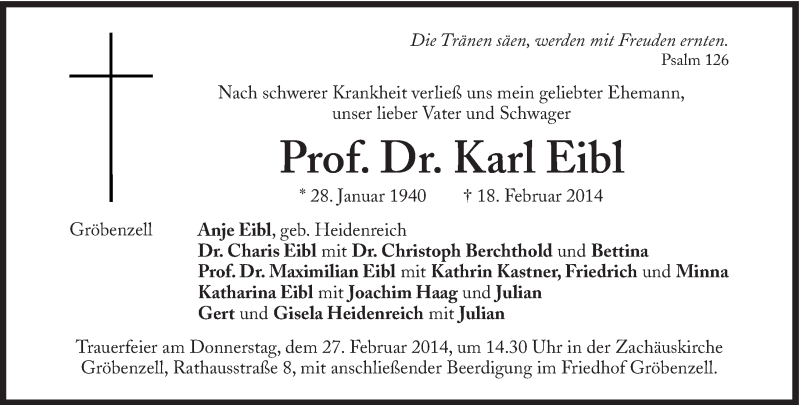  Traueranzeige für Karl Eibl vom 22.02.2014 aus Süddeutsche Zeitung