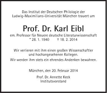 Traueranzeige von Karl Eibl von Süddeutsche Zeitung