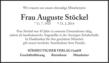 Traueranzeige von Auguste Stöckel von Süddeutsche Zeitung