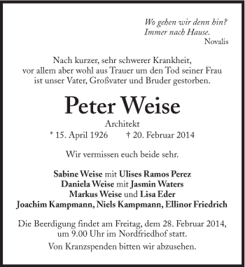 Traueranzeige von Peter Weise von Süddeutsche Zeitung
