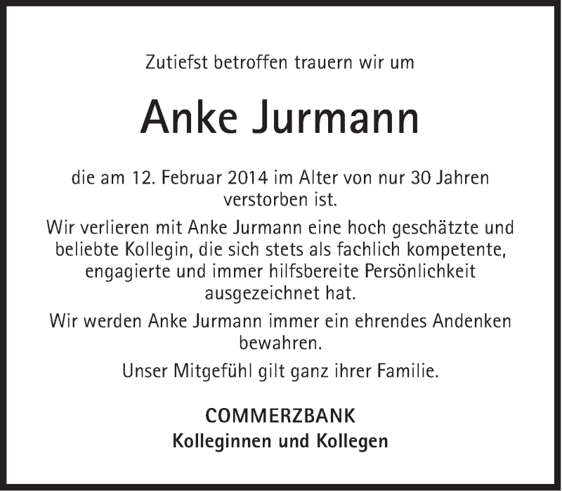  Traueranzeige für Anke Jurmann vom 28.02.2014 aus Süddeutsche Zeitung