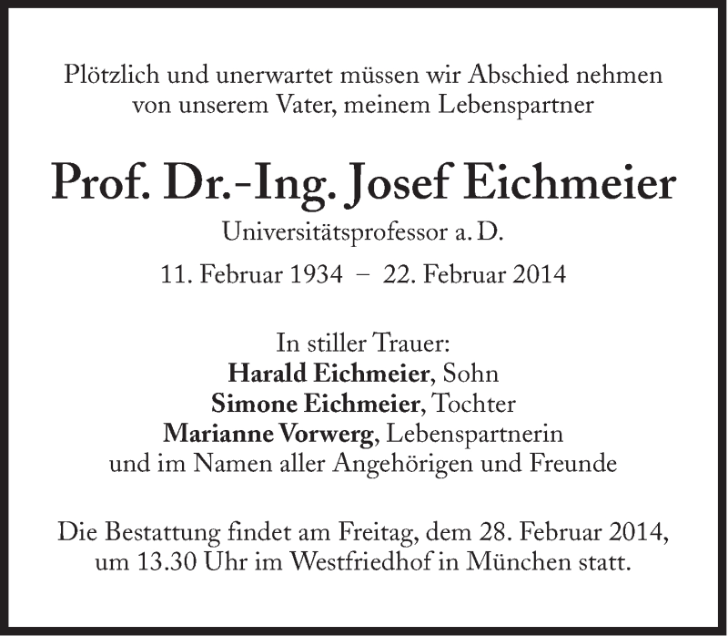  Traueranzeige für Josef Eichmeier vom 26.02.2014 aus Süddeutsche Zeitung