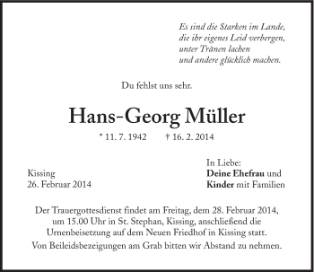 Traueranzeige von Hans Georg Müller von Süddeutsche Zeitung