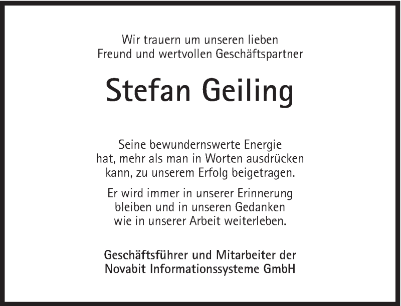  Traueranzeige für Stefan Geiling vom 26.02.2014 aus Süddeutsche Zeitung