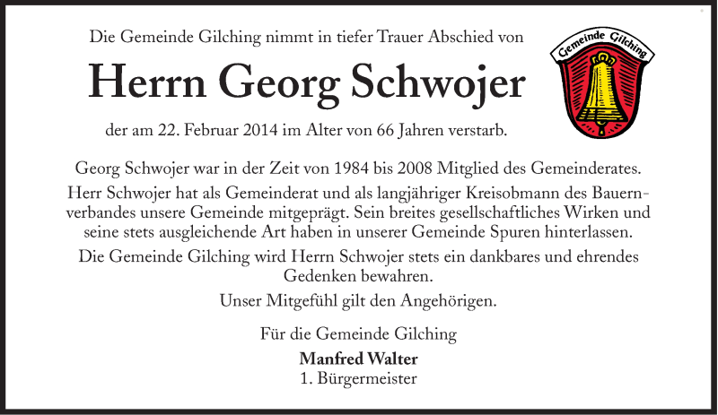  Traueranzeige für Georg Schwojer vom 26.02.2014 aus Süddeutsche Zeitung