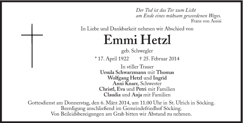  Traueranzeige für Emmi Hetzl vom 01.03.2014 aus Süddeutsche Zeitung