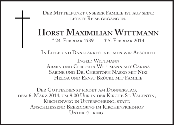 Traueranzeige von Horst Maximilian Wittmann von Süddeutsche Zeitung