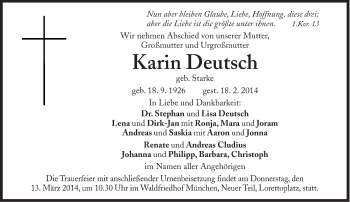 Traueranzeige von Karin Deutsch von Süddeutsche Zeitung