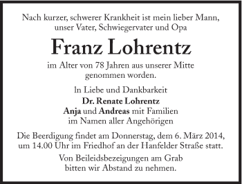 Traueranzeige von Franz Lohrentz von Süddeutsche Zeitung