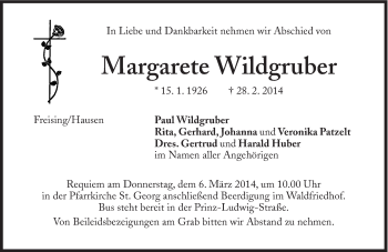 Traueranzeige von Margarete Wildgruber von Süddeutsche Zeitung