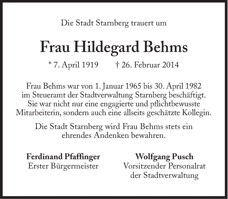  Traueranzeige für Hildegard Behms vom 05.03.2014 aus Süddeutsche Zeitung