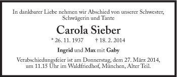 Traueranzeige von Carola Sieber von Süddeutsche Zeitung