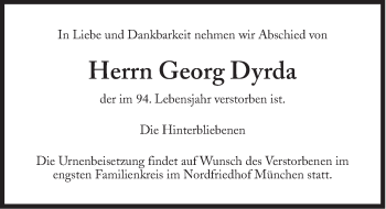 Traueranzeige von Dyrda Georg von Süddeutsche Zeitung