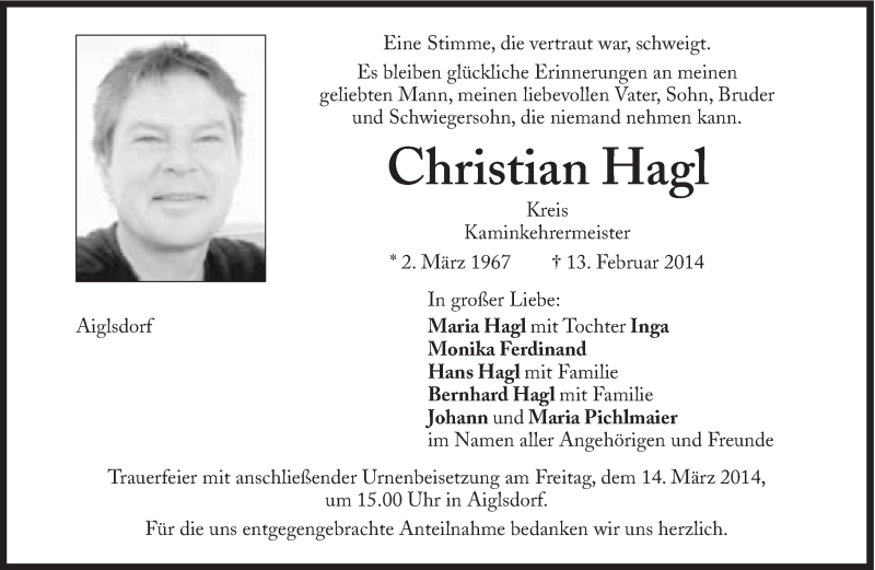  Traueranzeige für Christian Hagl vom 08.03.2014 aus Süddeutsche Zeitung