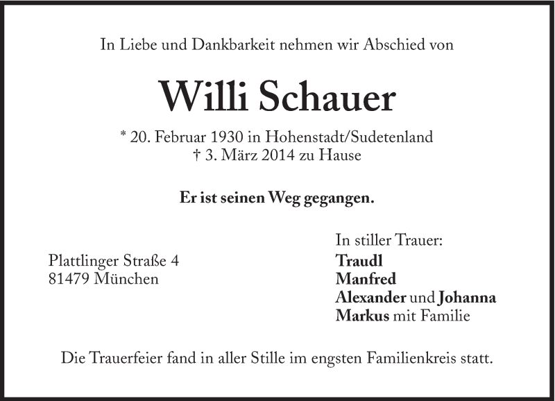  Traueranzeige für Willi Schauer vom 13.03.2014 aus Süddeutsche Zeitung