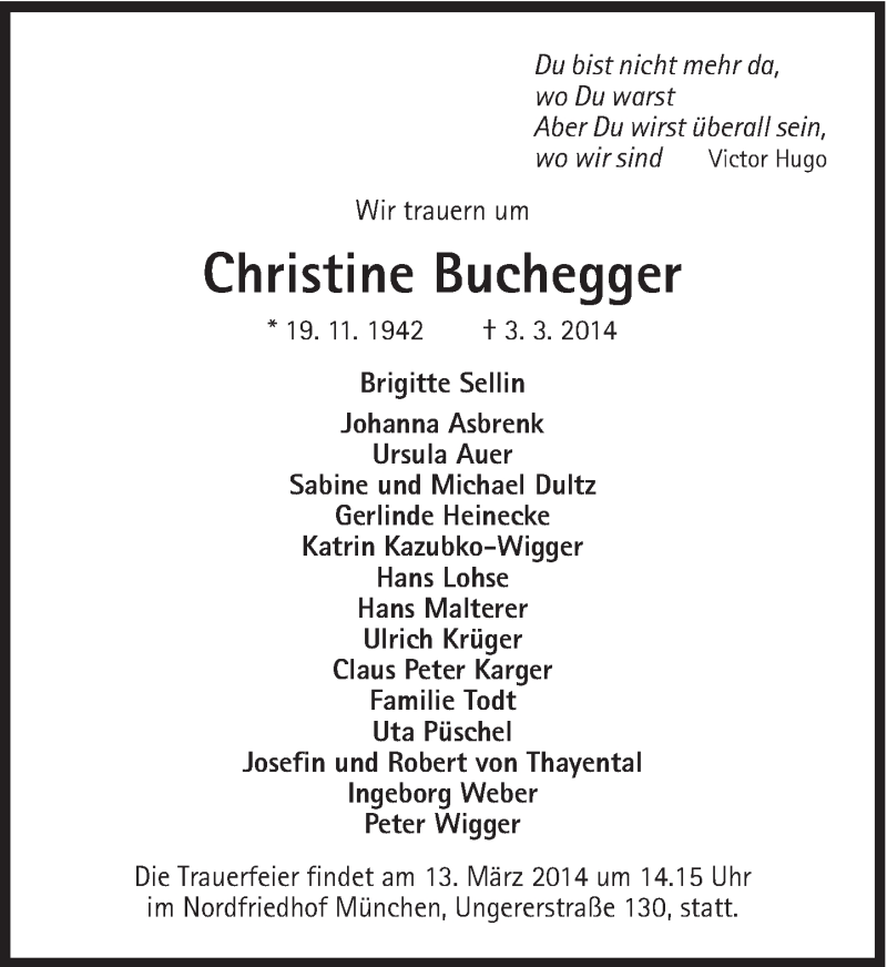  Traueranzeige für Christine Buchegger vom 08.03.2014 aus Süddeutsche Zeitung