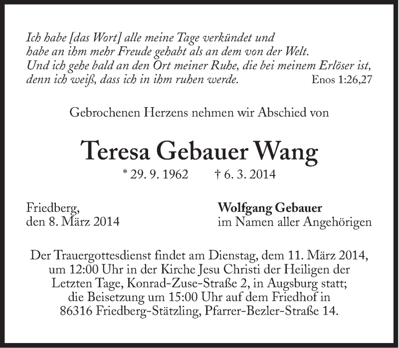  Traueranzeige für Teresa Gebauer Wang vom 08.03.2014 aus Süddeutsche Zeitung