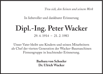 Traueranzeige von Peter Wacker von Süddeutsche Zeitung