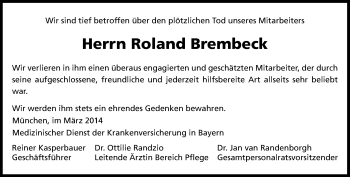 Traueranzeige von Roland Brembeck von Süddeutsche Zeitung