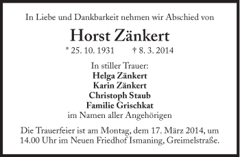 Traueranzeige von Horst Zänkert von Süddeutsche Zeitung