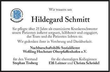 Traueranzeige von Hildegard Schmitt von Süddeutsche Zeitung
