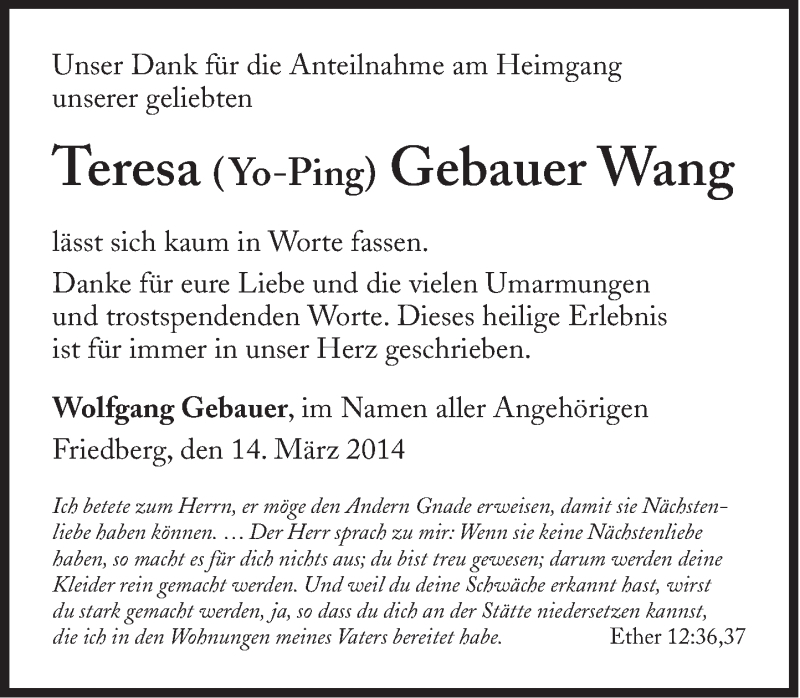  Traueranzeige für Teresa Gebauer Wang vom 15.03.2014 aus Süddeutsche Zeitung