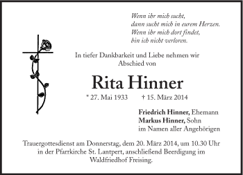 Traueranzeige von Rita Hinner von Süddeutsche Zeitung