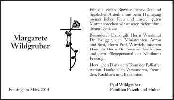 Traueranzeige von Margarete Wildgruber von Süddeutsche Zeitung