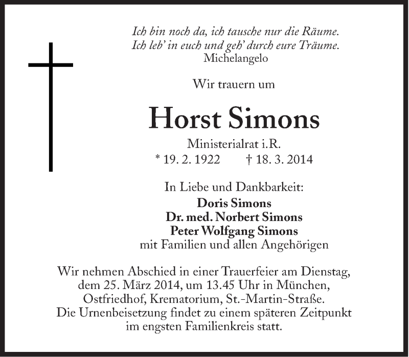  Traueranzeige für Horst Simons vom 22.03.2014 aus Süddeutsche Zeitung