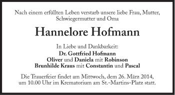 Traueranzeige von Hannelore Hofmann von Süddeutsche Zeitung