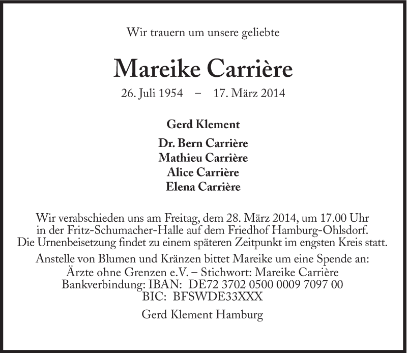  Traueranzeige für Mareike Carrière vom 22.03.2014 aus Süddeutsche Zeitung