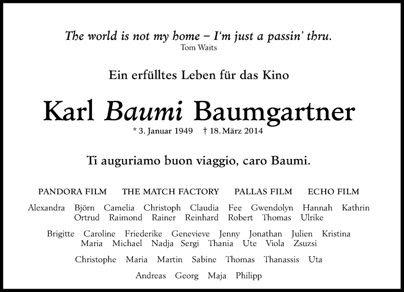  Traueranzeige für Karl Baumgartner vom 22.03.2014 aus Süddeutsche Zeitung