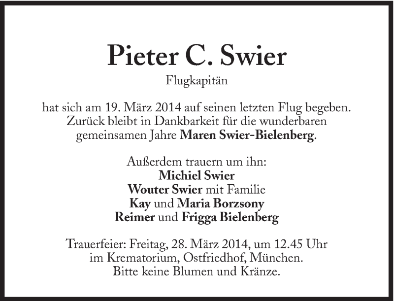  Traueranzeige für Pieter C. Swier vom 22.03.2014 aus Süddeutsche Zeitung