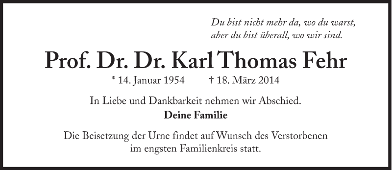  Traueranzeige für Karl Thomas Fehr vom 22.03.2014 aus Süddeutsche Zeitung